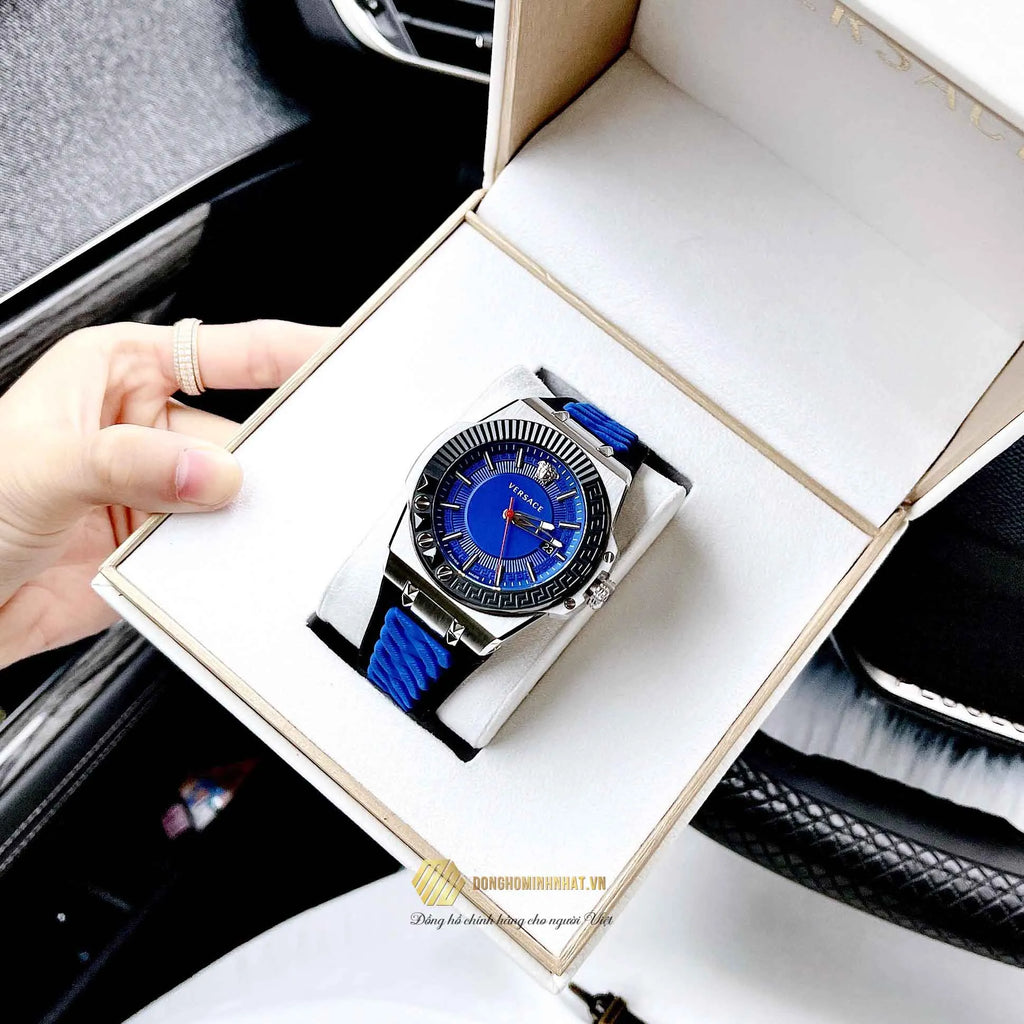 Versace Chain Reaction Quartz Blue Dial Blue & Black Leather Strap Watch for Men - VEDY00119