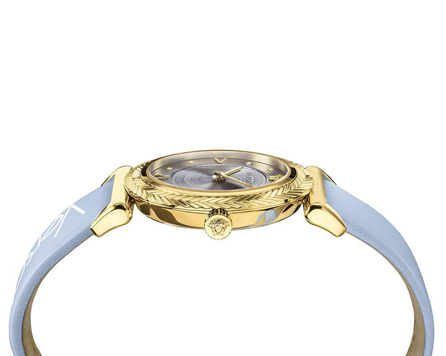 Versace V-Motif Grey Dial Blue Leather Strap Watch for Women - VERE00318