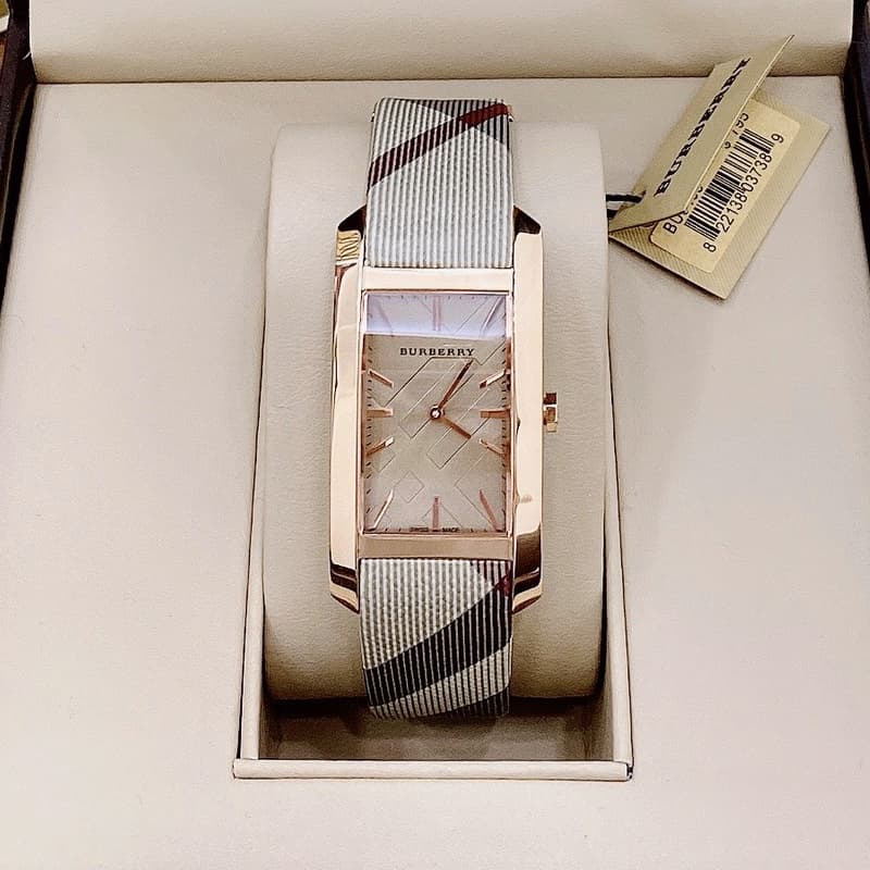 Burberry The Pioneer Rose Gold Dial Haymarket Brown Leather Strap Watch for Women - BU9408