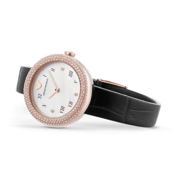 Emporio Armani Rosa Quartz Mother Of Pearl White Dial Black Leather Strap Watch For Women - AR11356
