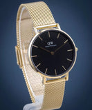 Daniel Wellington Classic Petite Black Dial Gold Mesh Bracelet Watch For Women - DW00100347
