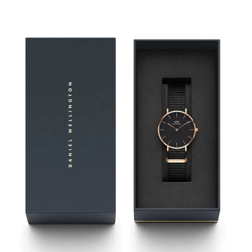 Daniel Wellington Classic Petite Cornwall Black Dial Black NATO Strap Watch For Women - DW00100215