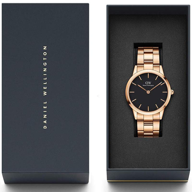 Daniel Wellington Iconic Link Black Dial Rose Gold Steel Strap Watch For Men - DW00100344