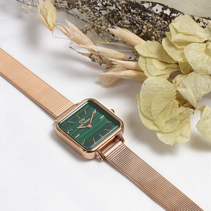 Daniel Wellington Quadro Studio Green Dial Rose Gold Mesh Strap Watch For Women - DW00100520