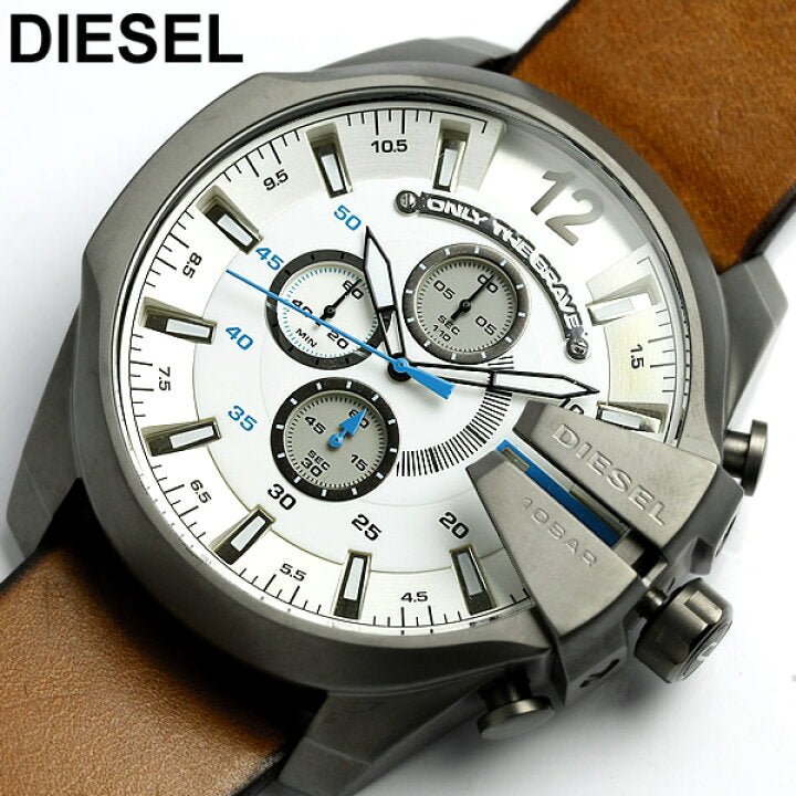 Diesel Mega Chief Chronograph White Dial Brown Leather Strap Watch For Men - DZ4280