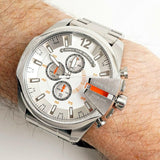 Diesel Mega Chief Chronograph White Dial Silver Steel Strap Watch For Men - DZ4328