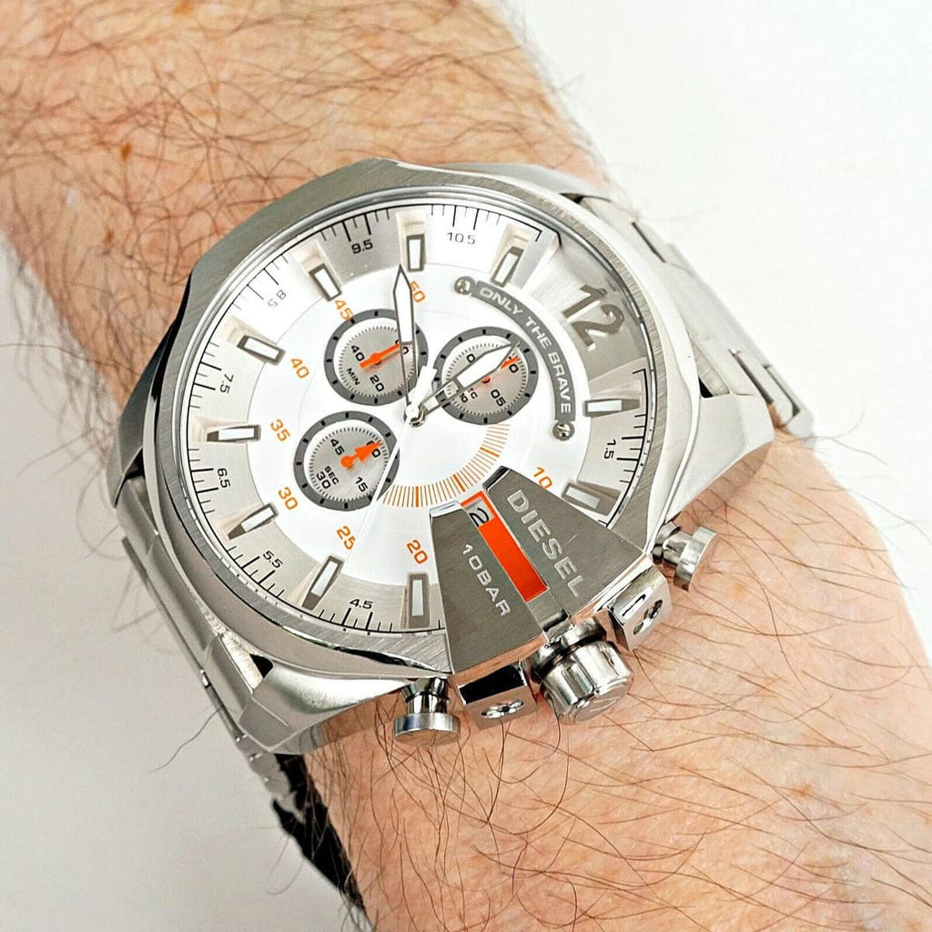 Diesel Mega Chief Chronograph White Dial Silver Steel Strap Watch For Men - DZ4328