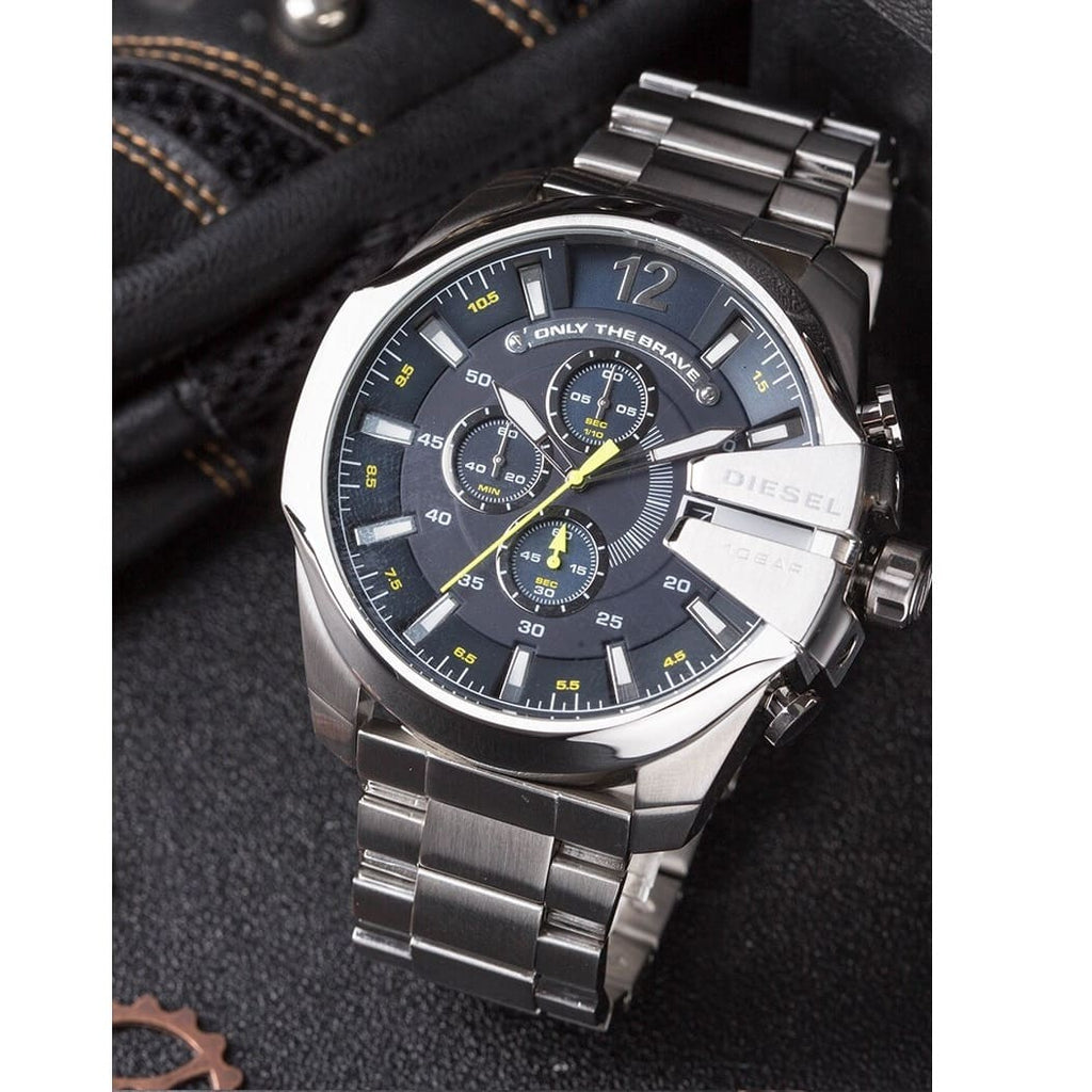 Diesel Mega Chief Chronograph Blue Dial Silver Steel Strap Watch For Men - DZ4465