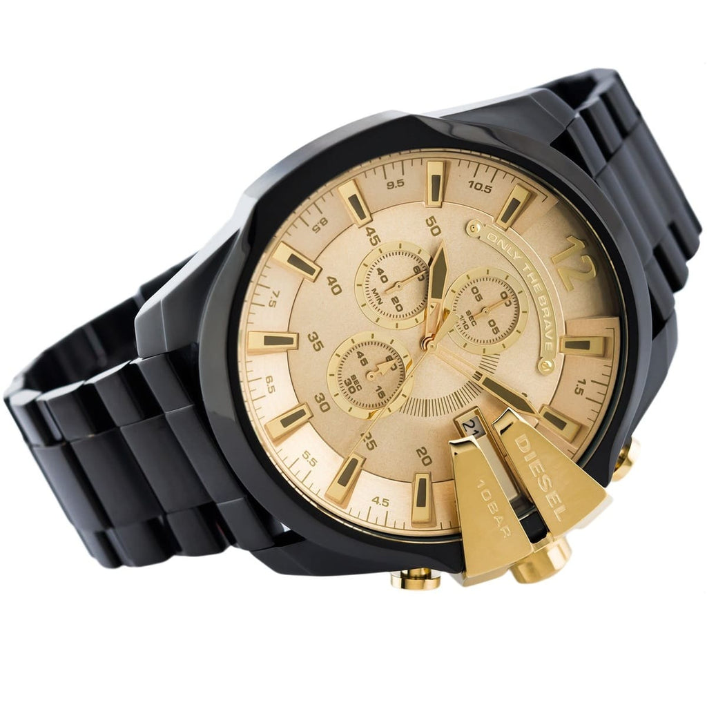 Diesel Mega Chief Chronograph Gold Dial Black Steel Strap Watch For Men - DZ4485