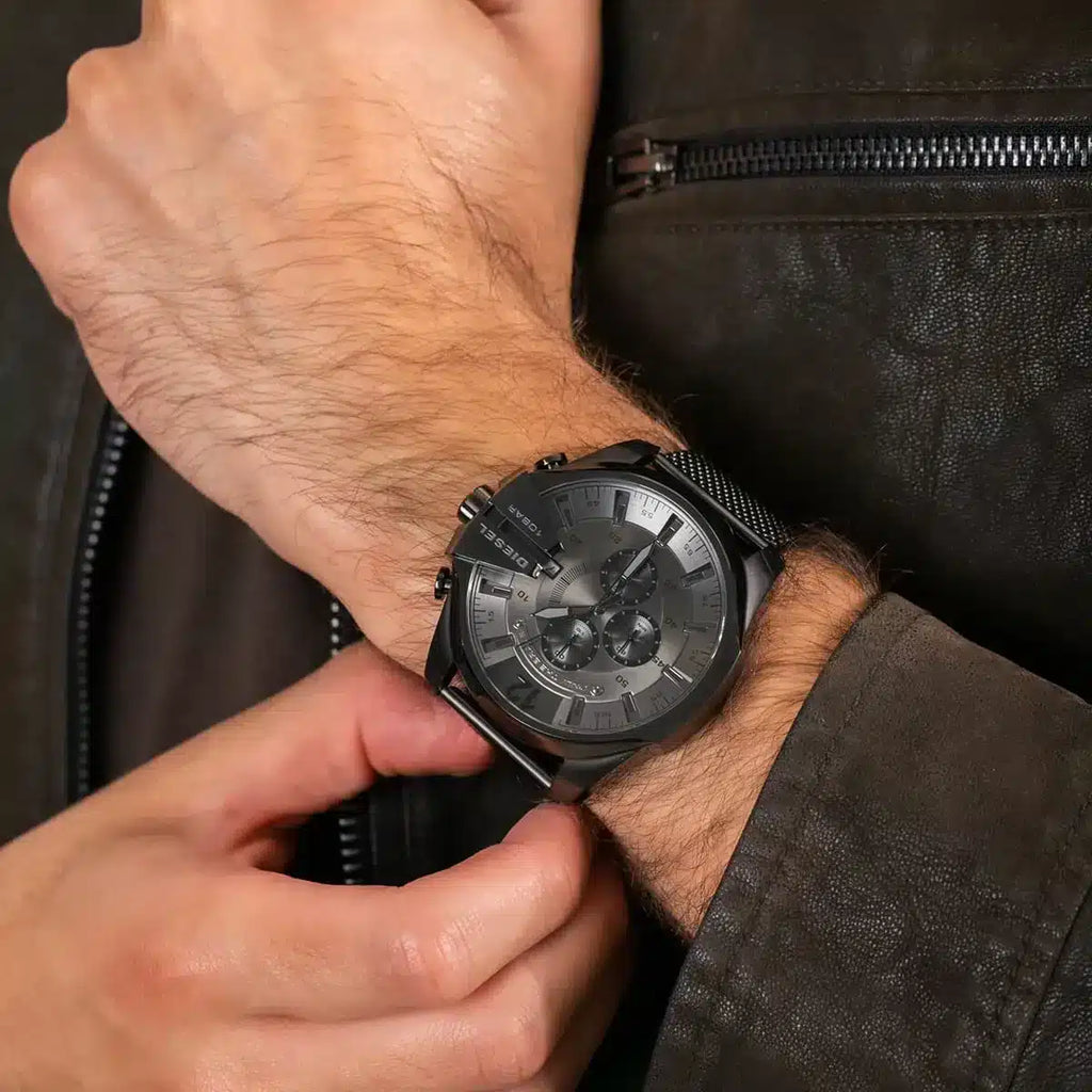 Diesel Mega Chief Chronograph Black Dial Black Mesh Strap Watch For Men - DZ4527