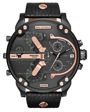 Diesel Mr Daddy 2.0 Chronograph Black Dial Black Leather Strap Watch For Men - DZ7350