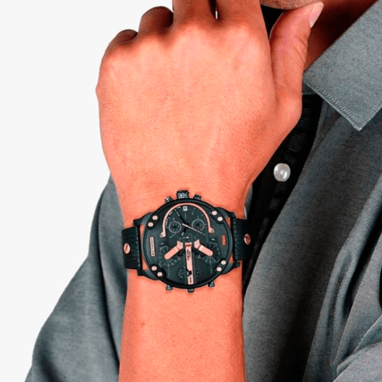 Diesel Mr Daddy 2.0 Chronograph Black Dial Black Leather Strap Watch For Men - DZ7350