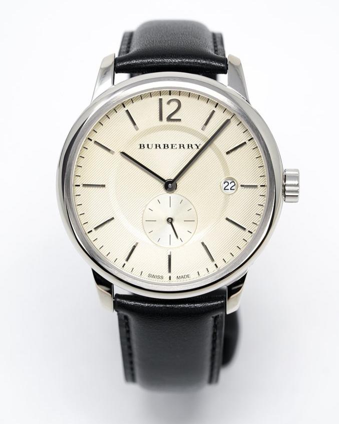 Burberry The Classic Horseferry Beige Dial Black Leather Strap Watch for Men - BU10000