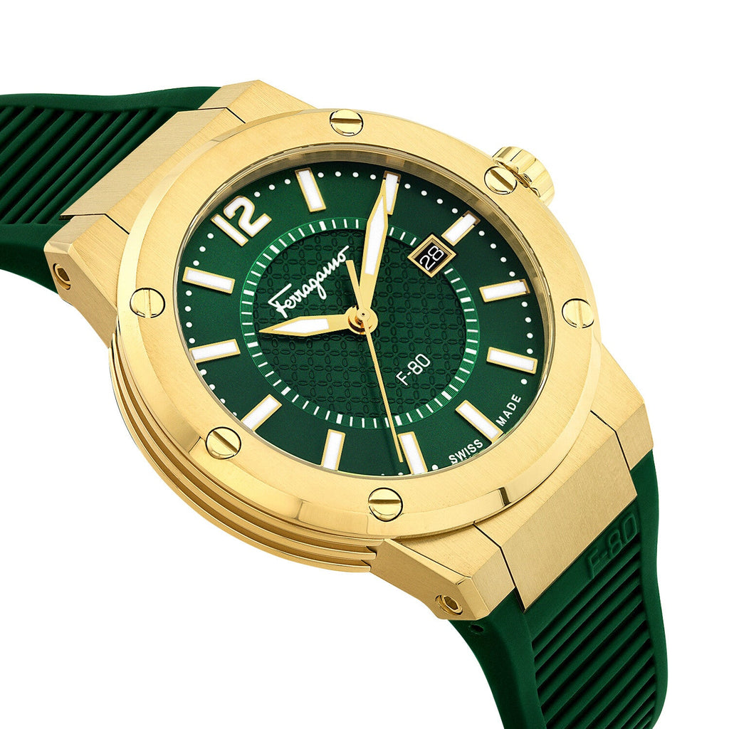 Salvatore Ferragamo F-80 Classic Green Dial Green Rubber Strap Watch for Men - SFHY02022