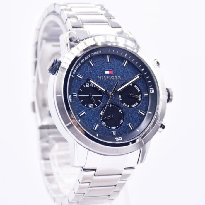 Tommy Hilfiger Troy Chronograph Blue Dial Silver Steel Strap Watch For Men - 1792104