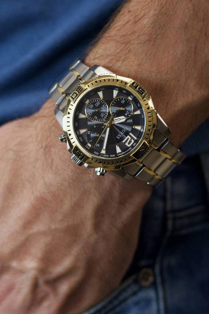 Guess Commander Chronograph Black Dial Two Tone Steel Strap Watch for Men - GW0056G4