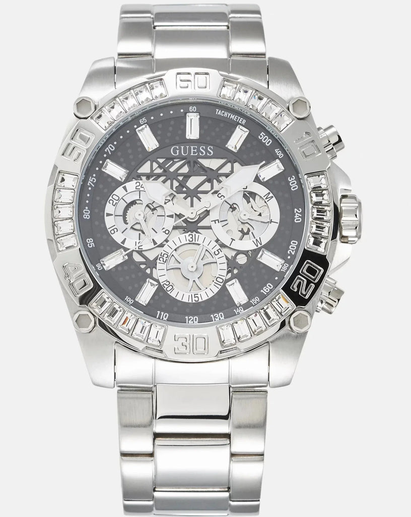 Guess Trophy Chronograph Diamonds Black Dial Silver Steel Strap Watch for Men - GW0390G1