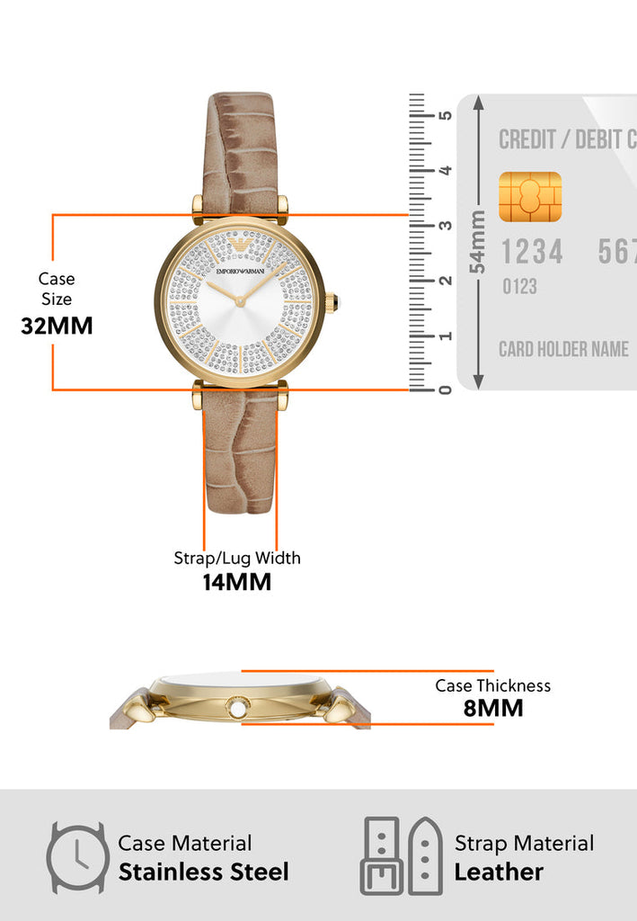 Emporio Armani Gianni T Bar Crystals Silver Dial Brown Leather Strap Watch For Women - AR11518