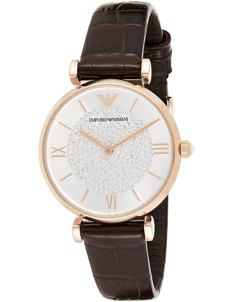 Emporio Armani Gianni T-Bar Silver Dial Brown Leather Strap Watch For Women - AR11269