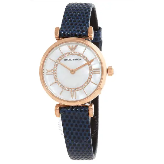 Emporio Armani Gianni T-Bar Analog Mother of Pearl Dial Blue Leather Strap Watch For Women - AR11468