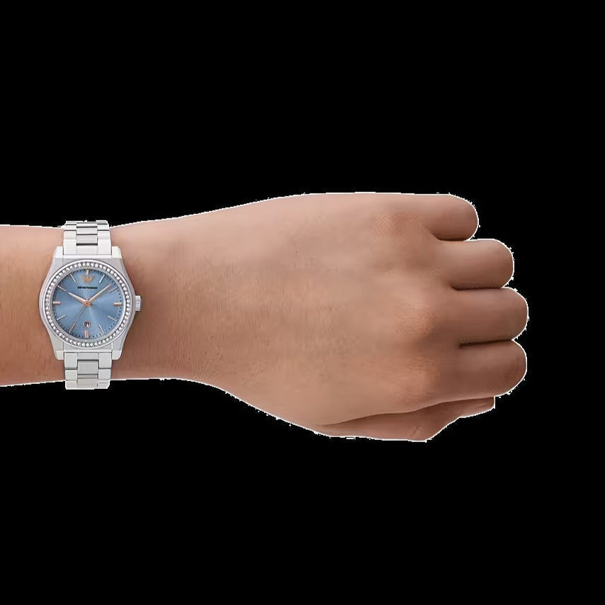 Emporio Armani Federica Three-Hand Date Blue Dial Silver Steel Strap Watch For Women - AR11593