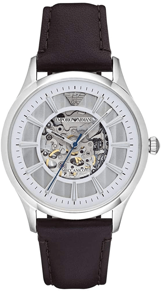 Emporio Armani Meccanico White Dial Brown Leather Strap Watch For Men - AR1946