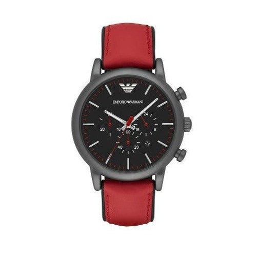 Emporio Armani Luigi Chronograph Black Dial Red Leather Strap Watch For Men - AR1971