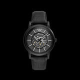 Emporio Armani Meccanico Automatic Skeleton Dial Black Leather Strap Watch For Men - AR60008