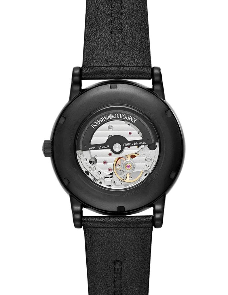 Emporio Armani Meccanico Automatic Skeleton Dial Black Leather Strap Watch For Men - AR60008