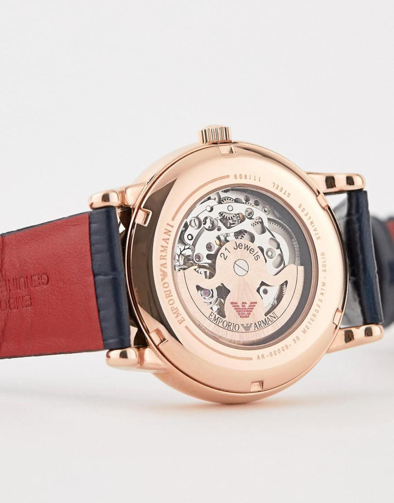 Emporio Armani Meccanico Silver Dial Blue Leather Strap Watch For Men - AR60009