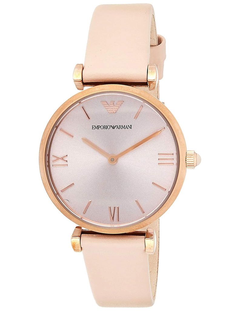 Emporio Armani Gianni T-Bar Quartz Rose Gold Dial Pink Leather Strap Watch For Women - AR11001