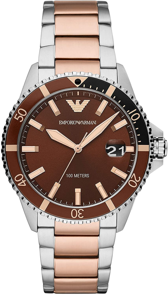 Emporio Armani Diver Quartz Brown Dial Two Tone Steel Strap Watch For Men - AR11340