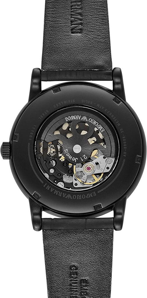 Emporio Armani Meccanico Automatic Skeleton Dial Black Leather Strap Watch For Men - AR60008