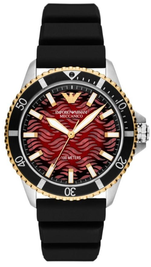 Emporio Armani Meccanico Automatic Red Dial Black Silicon Strap Watch For Men - AR60070