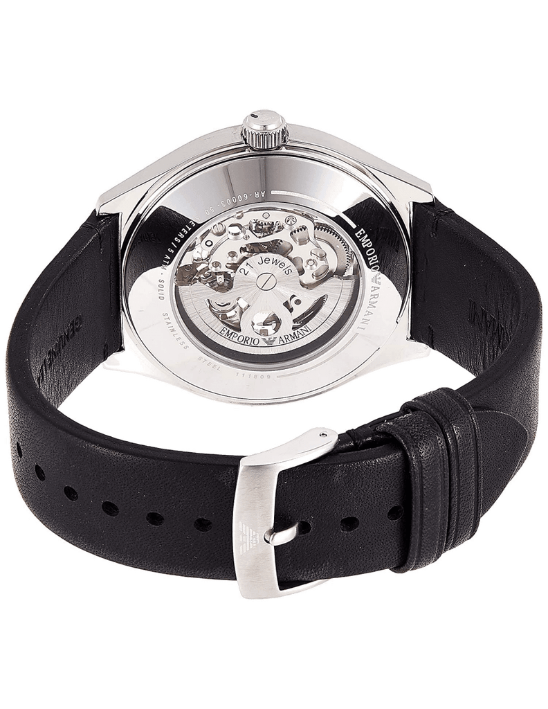 Emporio Armani Meccanico White Skeleton Dial Black Leather Strap Watch For Men - AR60003