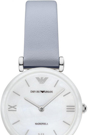 Emporio Armani Gianni T-Bar Mother Of Pearl White Dial Grey Leather Strap Watch For Women - AR11039