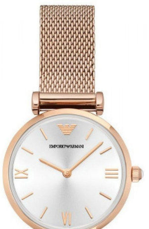 Emporio Armani Gianni T Bar Silver Dial Rose Gold Mesh Bracelet Watch For Women - AR1956