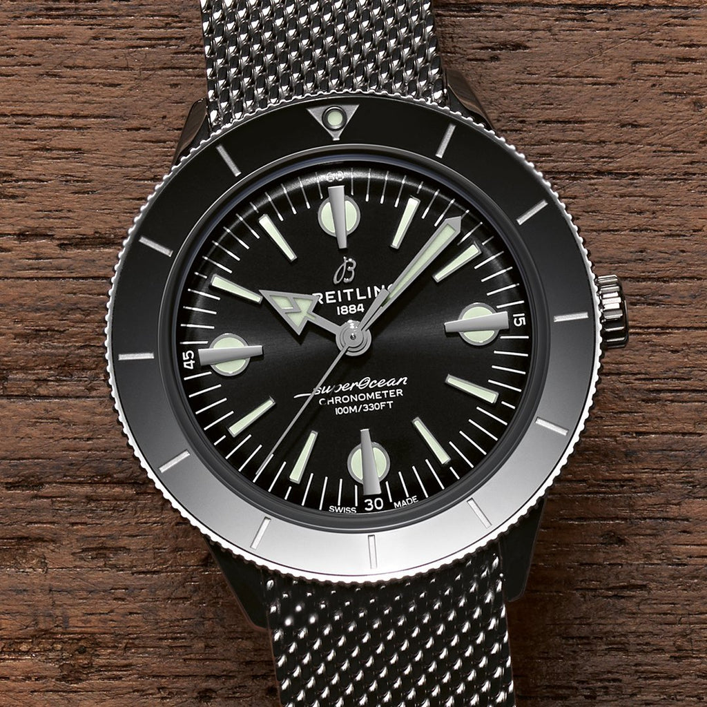 Breitling Superocean Heritage '57 Black Dial Silver Mesh Bracelet Watch for Men - A10370121B1A1