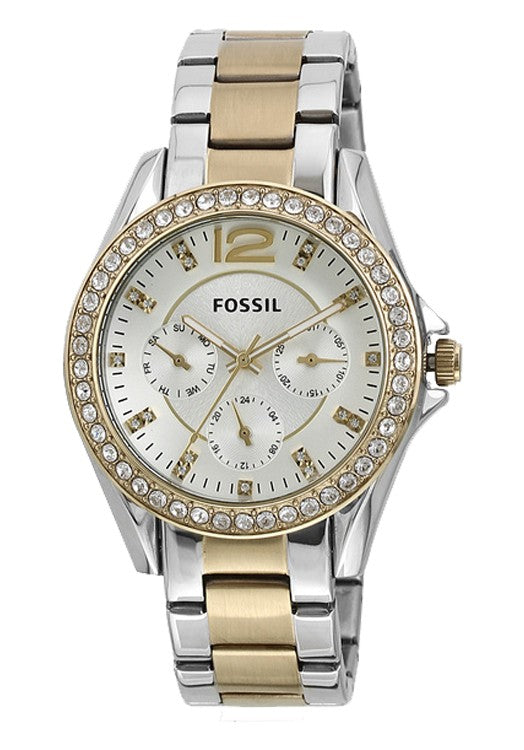 Fossil Riley White Dial Two Tone Steel Strap Watch for Women - ES3204