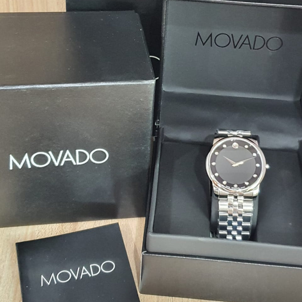 Movado Museum Diamonds Black Dial Silver Steel Strap Watch For Men - 606878