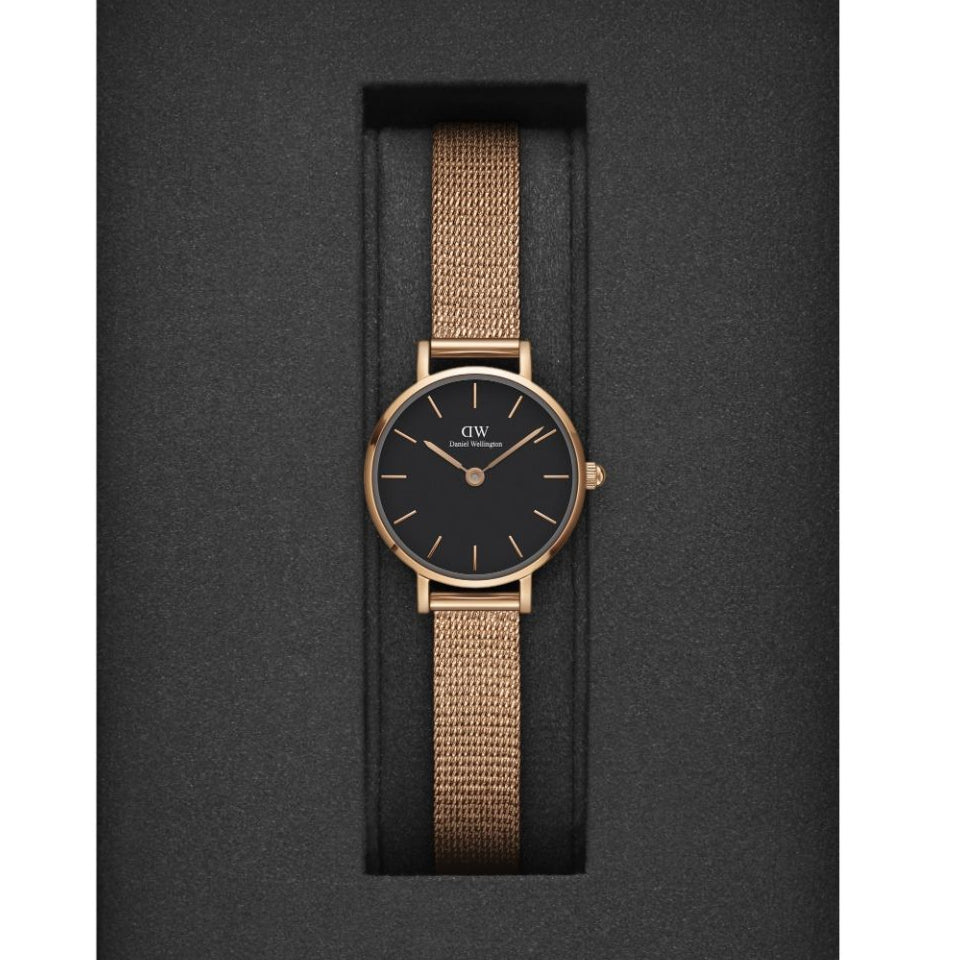 Daniel Wellington Petite Pressed Melrose Black Dial Rose Gold Mesh Strap Watch For Women - DW00100440