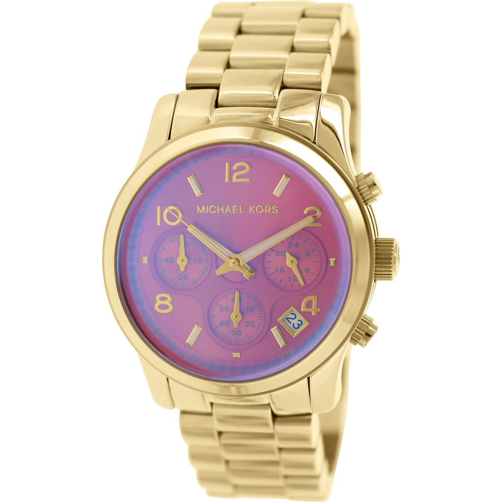 Michael Kors Runway Iridescent Pink Dial Gold Steel Strap Watch for Women - MK5939