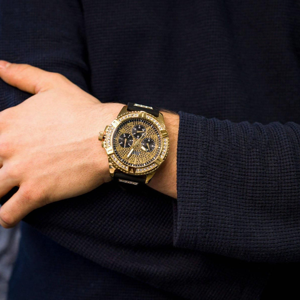 Guess Frontier Crystals Black Dial Black Silicone Strap Watch For Men - W1132G1