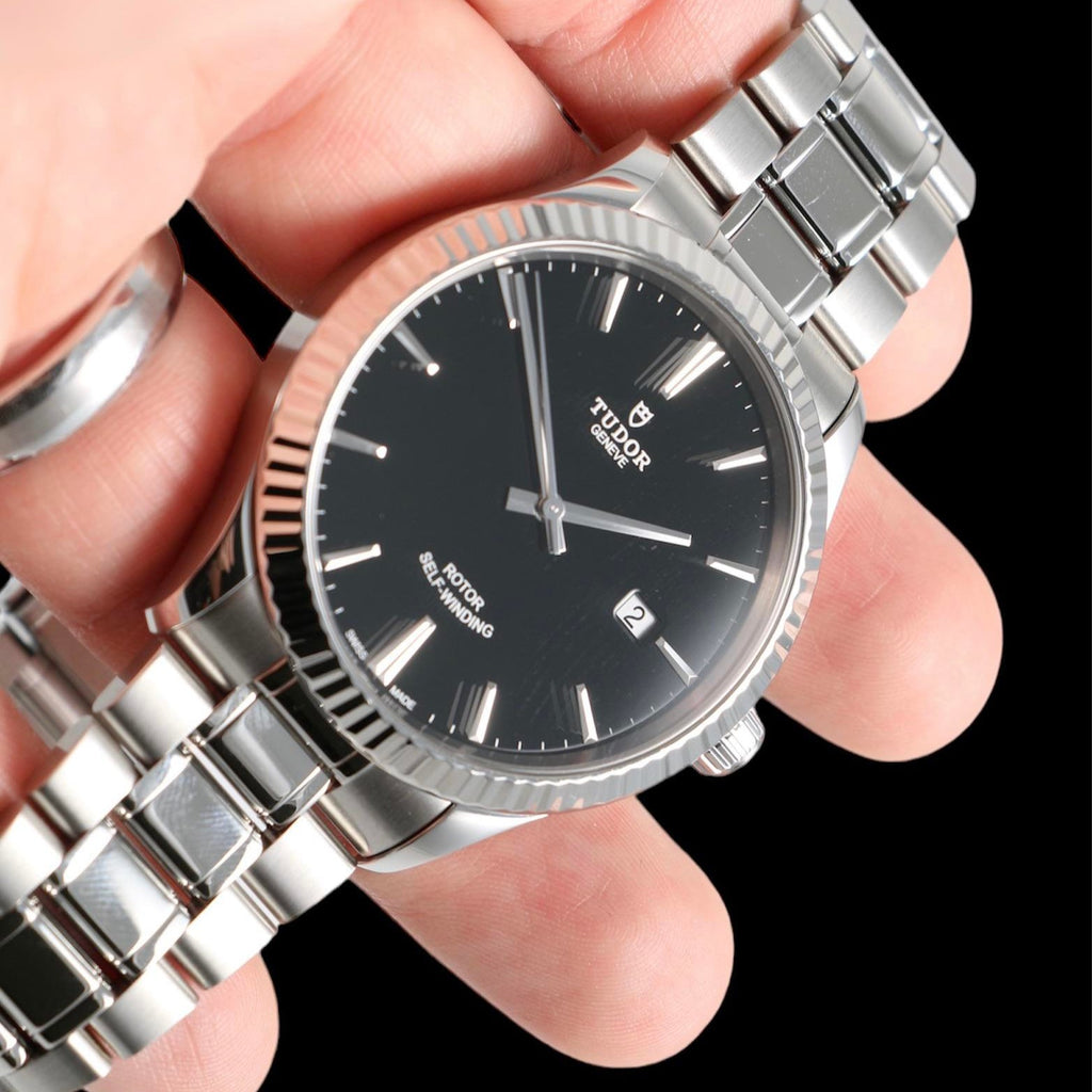 Tudor Style Automatic Black Dial Silver Steel Strap Watch for Men - M12710-0003