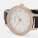 Emporio Armani Cleo Three-Hand Mother of Pearl Dial Black Leather Strap Watch For Women - AR11485