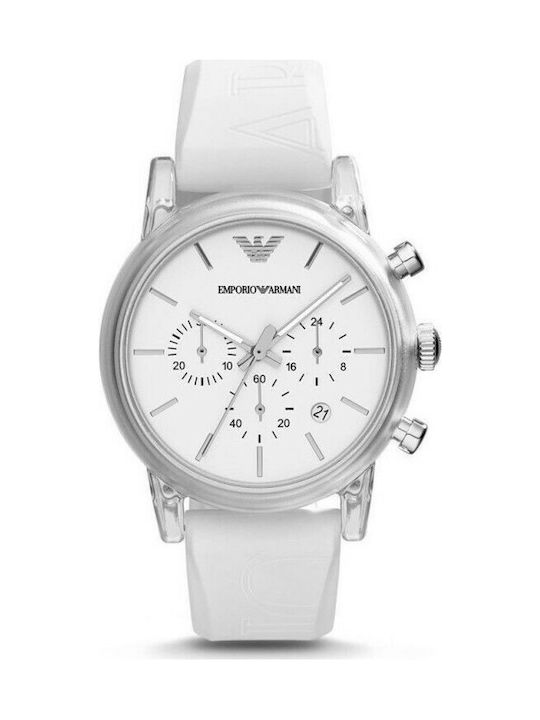 Emporio Armani Classic Chronograph White Dial White Rubber Strap Watch For Men - AR1054