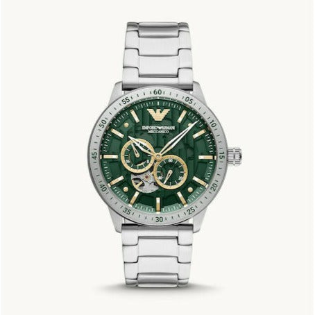 Emporio Armani Meccanico Chronograph Automatic Green Dial Silver Steel Strap Watch For Men - AR60053
