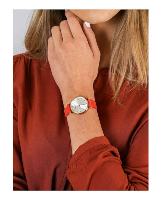 Emporio Armani Gianni T Bar Silver Dial Red Leather Strap Watch For Women - AR1876
