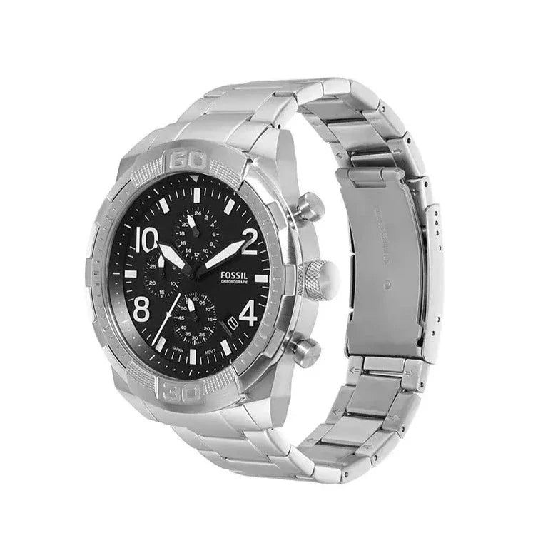 Fossil Bronson Chronograph Black Dial Silver Steel Strap Watch for Men - FS5710