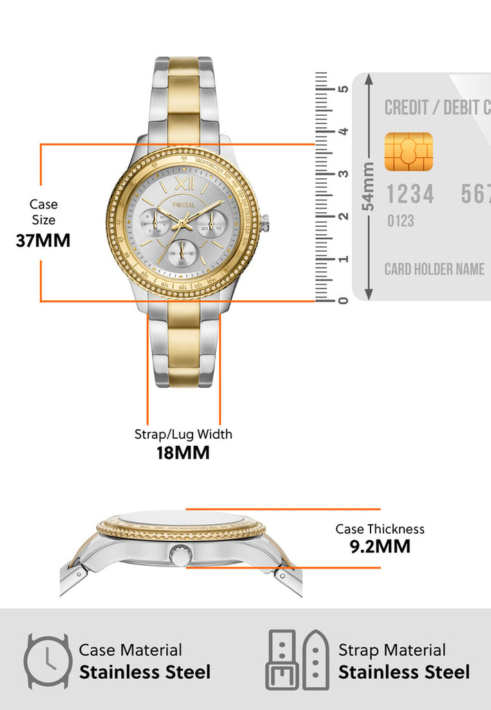 Fossil Stella Sport Multifunction Silver Dial Two Tone Steel Strap Watch for Women - ES5107